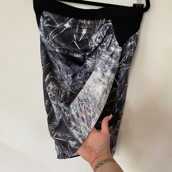 Helmut Lang SILK Cellophane Print Faux Tulip Hem Wrap Skirt Black Silver & Blue - Picture 6 of 12